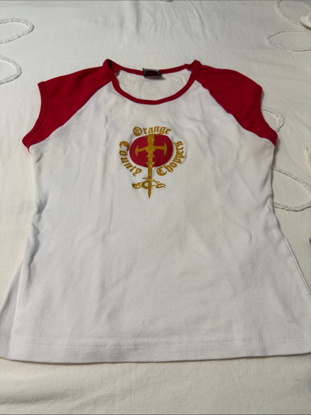 OCC ORANGE COUNTY CHOPPERS White Tee with Red Raglan Sleeves and Gold Graphic